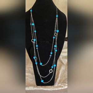 NWT Long Layered Necklace & Earrings Blue Beaded Silver Multi Strand